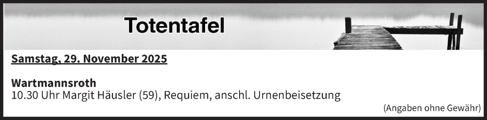  Traueranzeige für Totentafel vom 29.11.2025 vom 29.11.2025 aus MGO