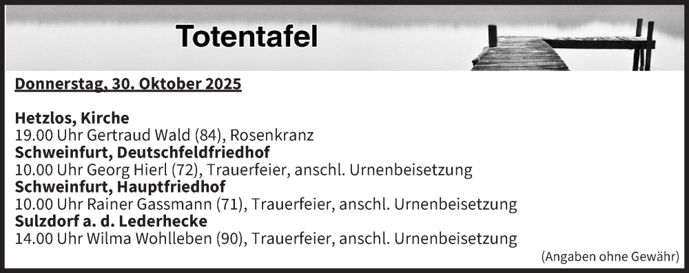  Traueranzeige für Totentafel vom 30.10.2025 vom 30.10.2025 aus MGO