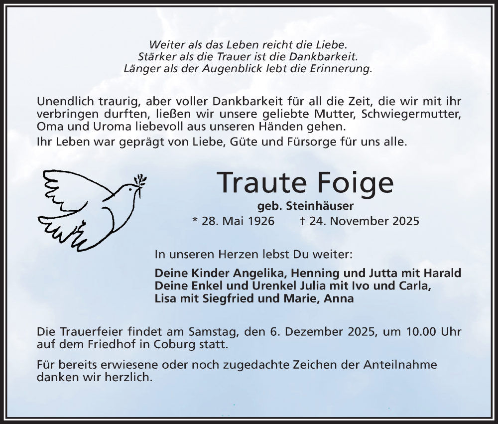  Traueranzeige für Traute Foige vom 29.11.2025 aus MGO