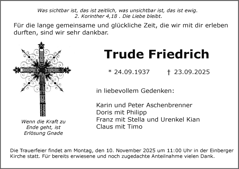 Traueranzeige für Trude Friedrich vom 05.11.2025 aus MGO