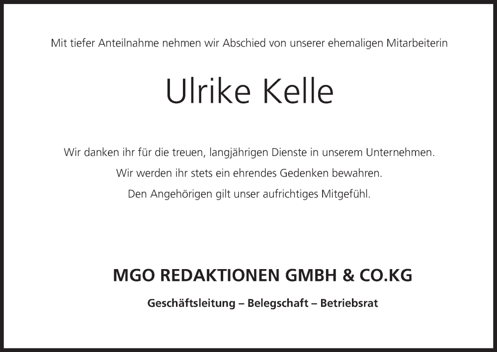  Traueranzeige für Ulrike Kelle vom 08.11.2025 aus MGO