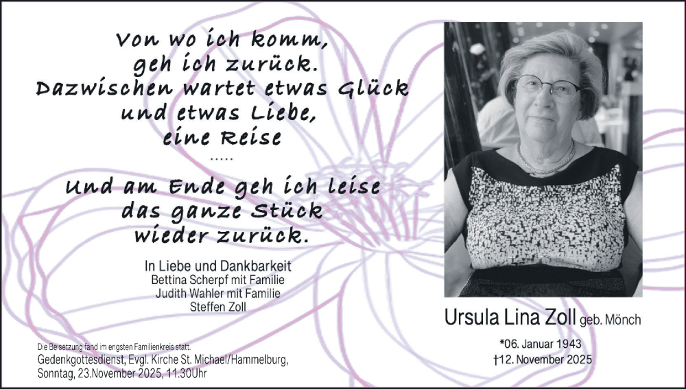  Traueranzeige für Ursula Lina Zoll vom 22.11.2025 aus MGO