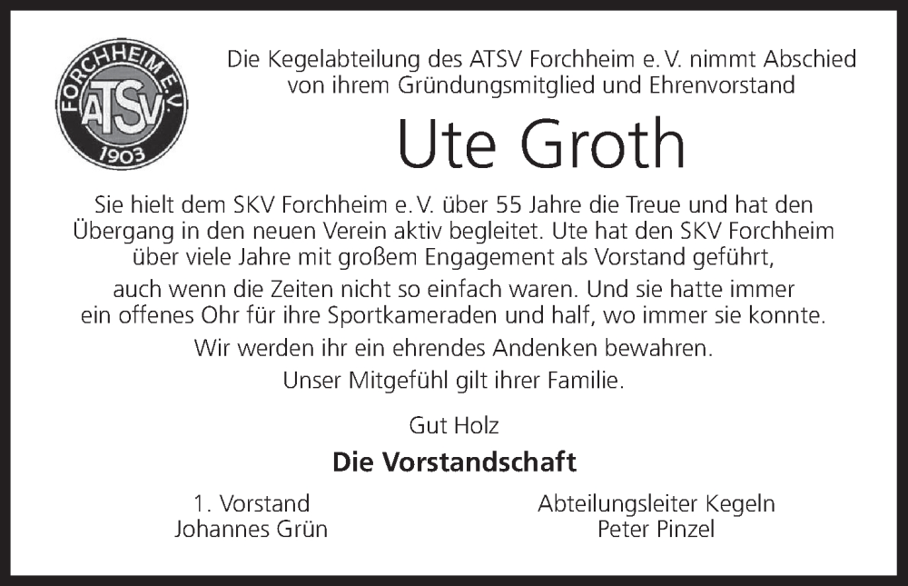  Traueranzeige für Ute Groth vom 15.11.2025 aus MGO