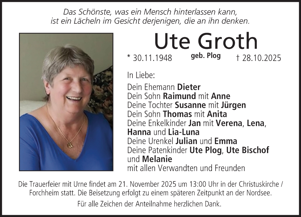  Traueranzeige für Ute Groth vom 15.11.2025 aus MGO