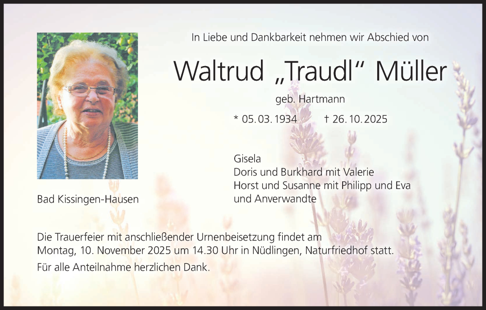  Traueranzeige für Waltrud Müller vom 05.11.2025 aus MGO