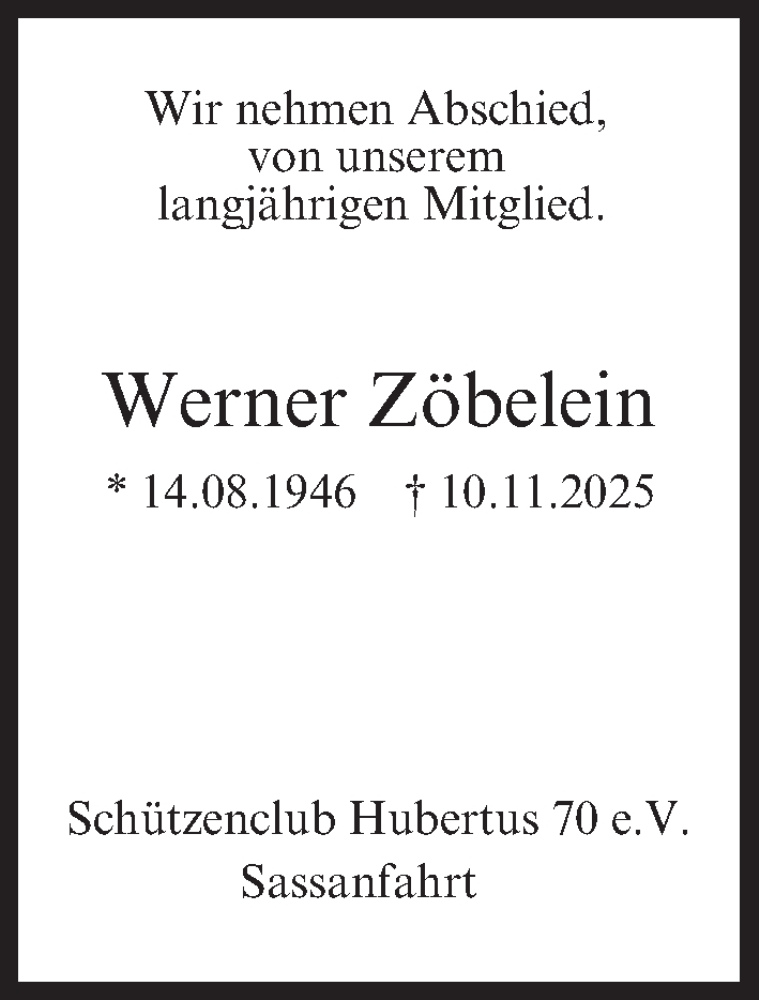  Traueranzeige für Werner Zöbelein vom 22.11.2025 aus MGO