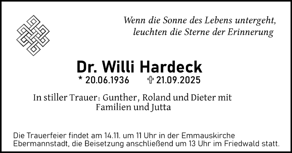 Traueranzeige für Willi Hardeck vom 31.10.2025 aus MGO