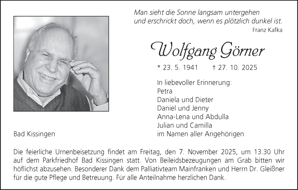  Traueranzeige für Wolfgang Görner vom 31.10.2025 aus MGO