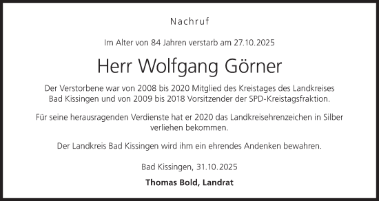 Anzeige von Wolfgang Görner von MGO