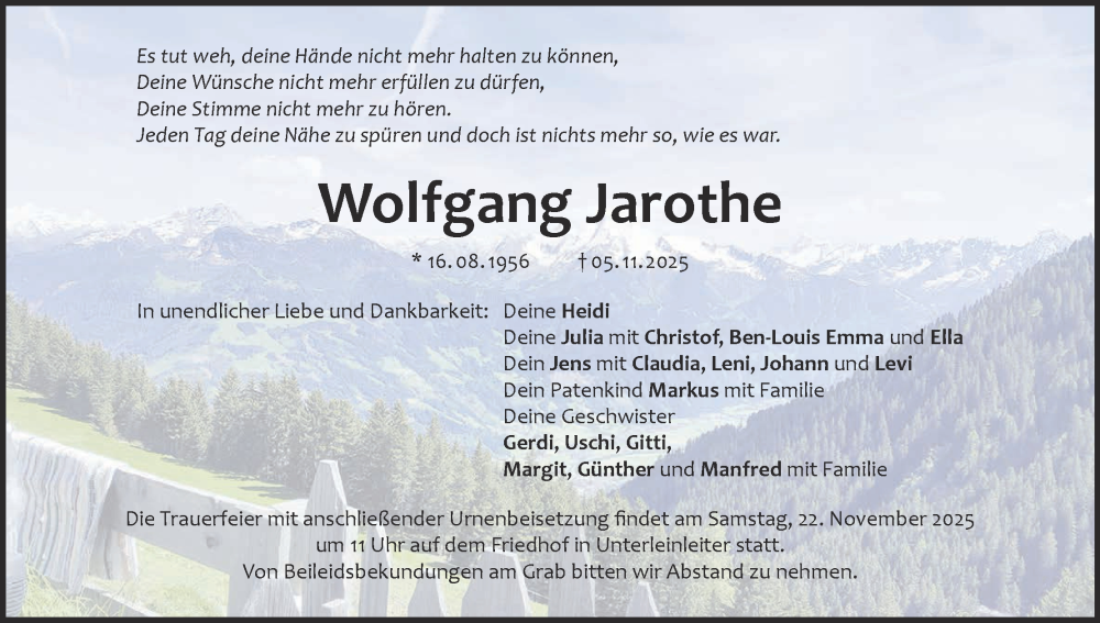  Traueranzeige für Wolfgang Jarothe vom 15.11.2025 aus MGO