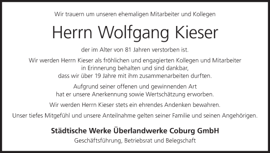 Anzeige von Wolfgang Kieser von MGO