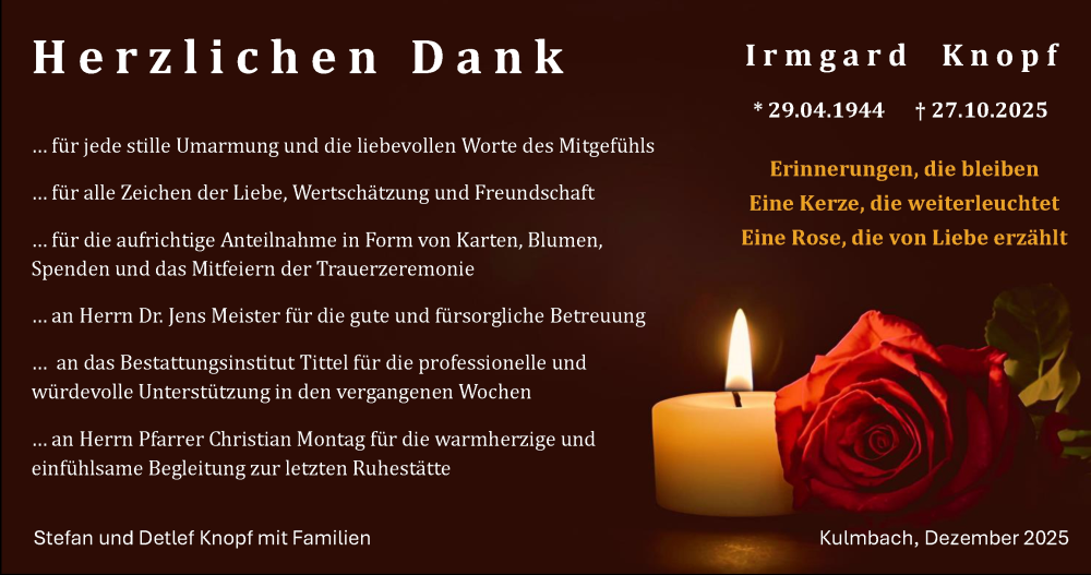  Traueranzeige für Irmgard Knopf vom 06.12.2025 aus MGO