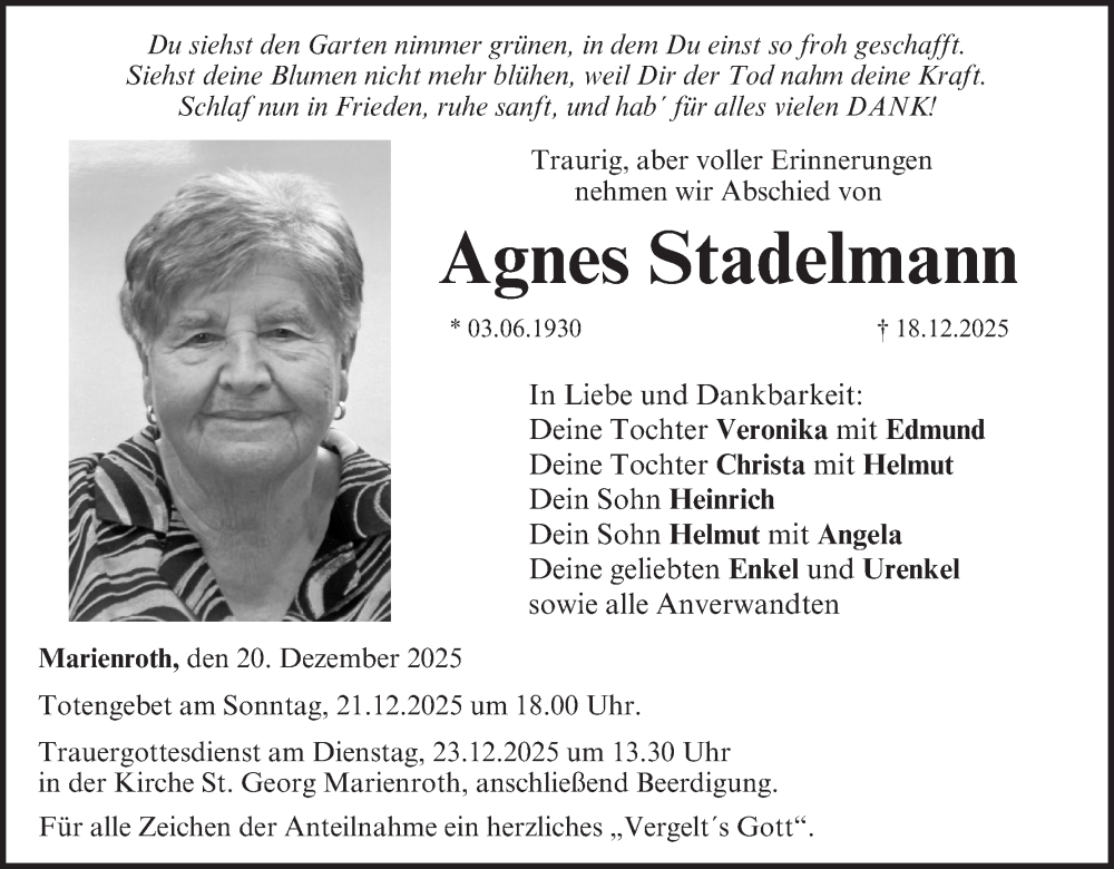  Traueranzeige für Agnes Stadelmann vom 20.12.2025 aus MGO