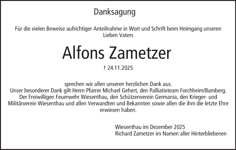  Traueranzeige für Alfons Zametzer vom 20.12.2025 aus MGO