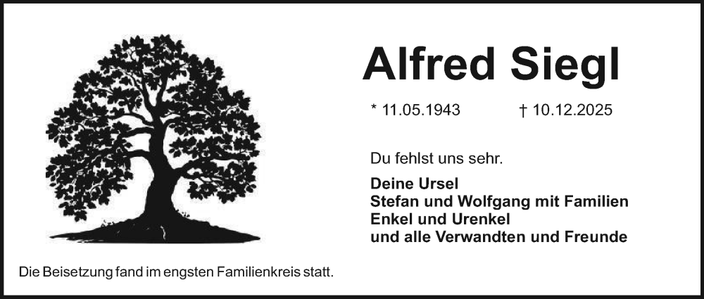  Traueranzeige für Alfred Siegl vom 20.12.2025 aus MGO