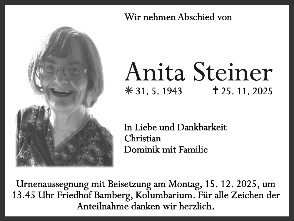  Traueranzeige für Anita Steiner vom 13.12.2025 aus MGO