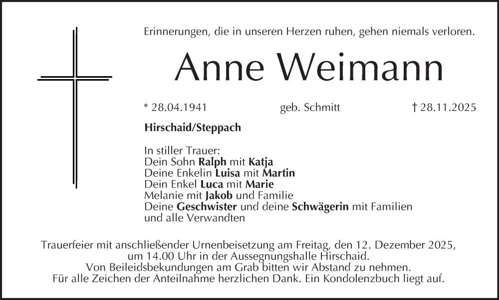  Traueranzeige für Anne Weimann vom 06.12.2025 aus MGO