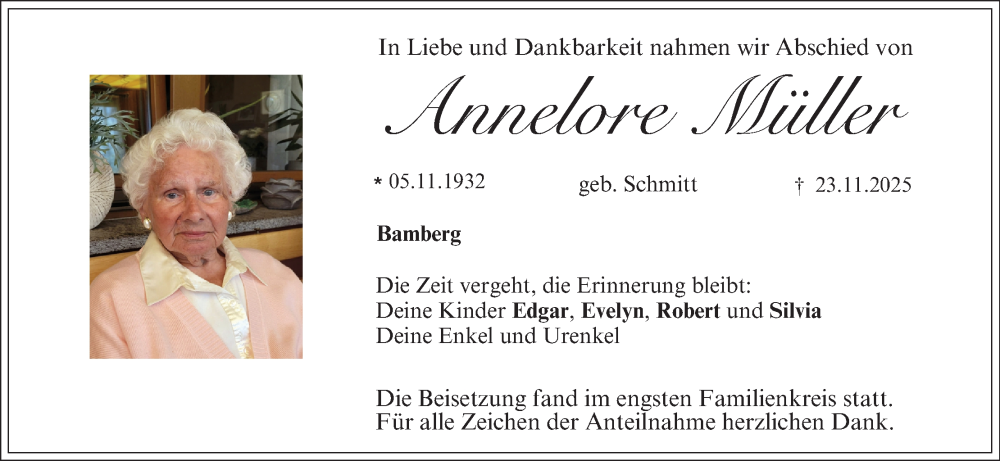  Traueranzeige für Annelore Müller vom 06.12.2025 aus MGO