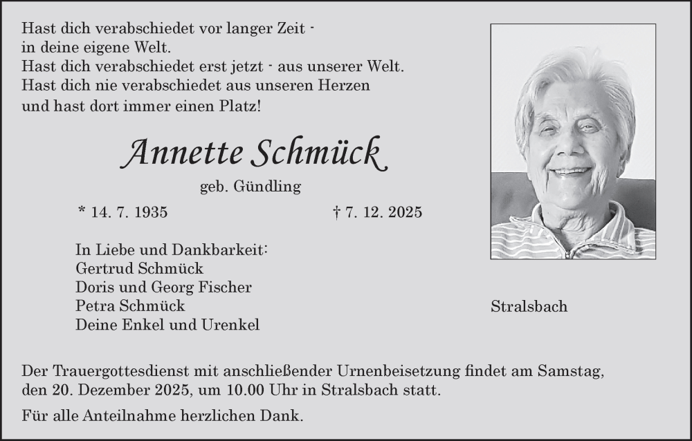  Traueranzeige für Annette Schmück vom 13.12.2025 aus MGO