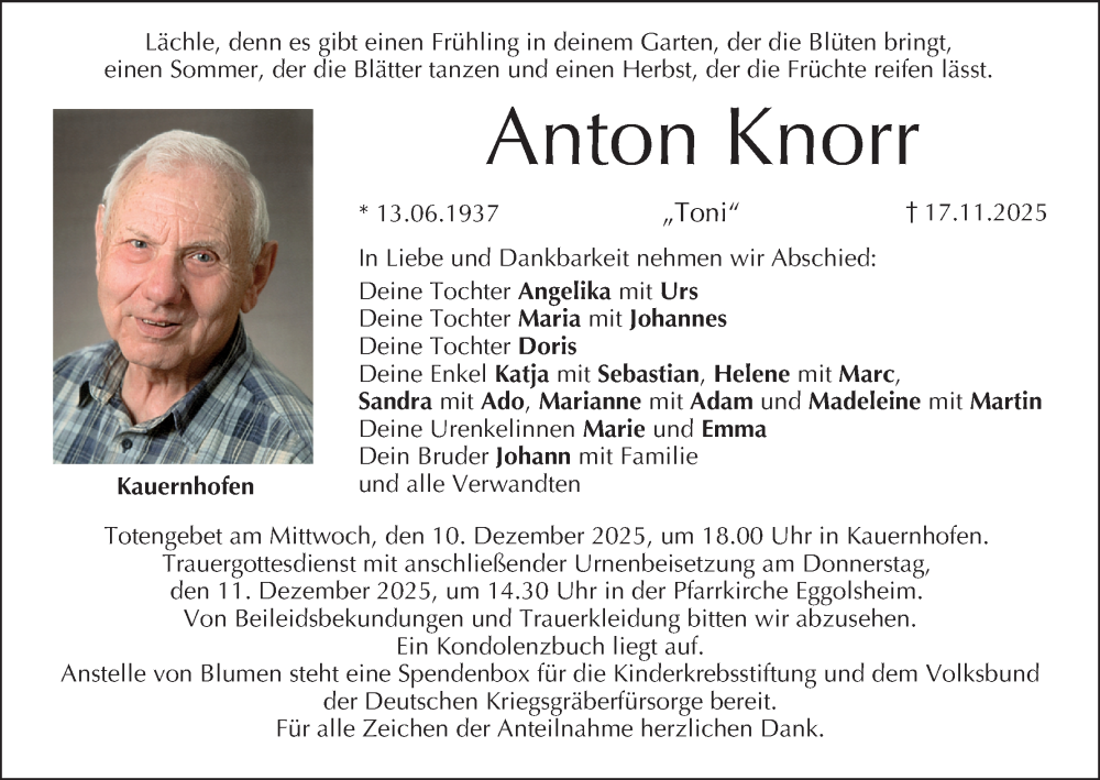  Traueranzeige für Anton Knorr vom 06.12.2025 aus MGO