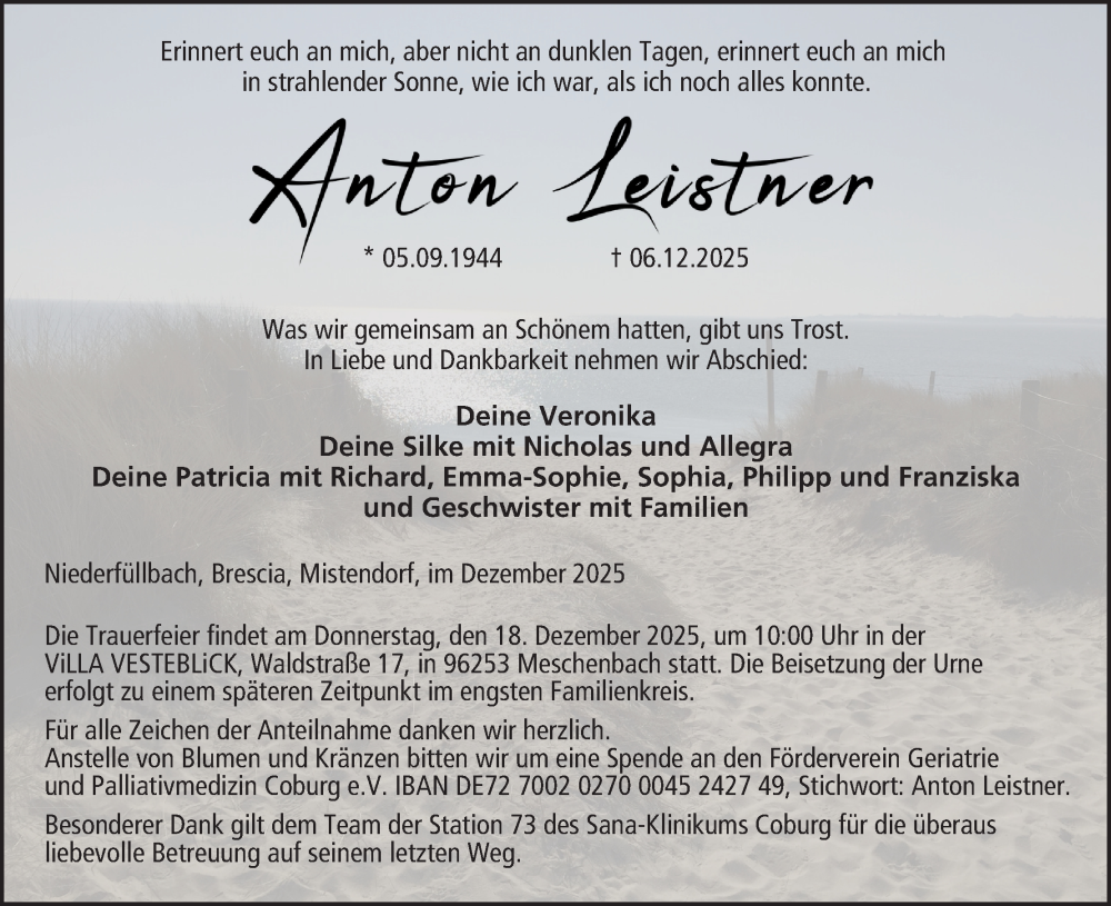  Traueranzeige für Anton Leistner vom 13.12.2025 aus MGO