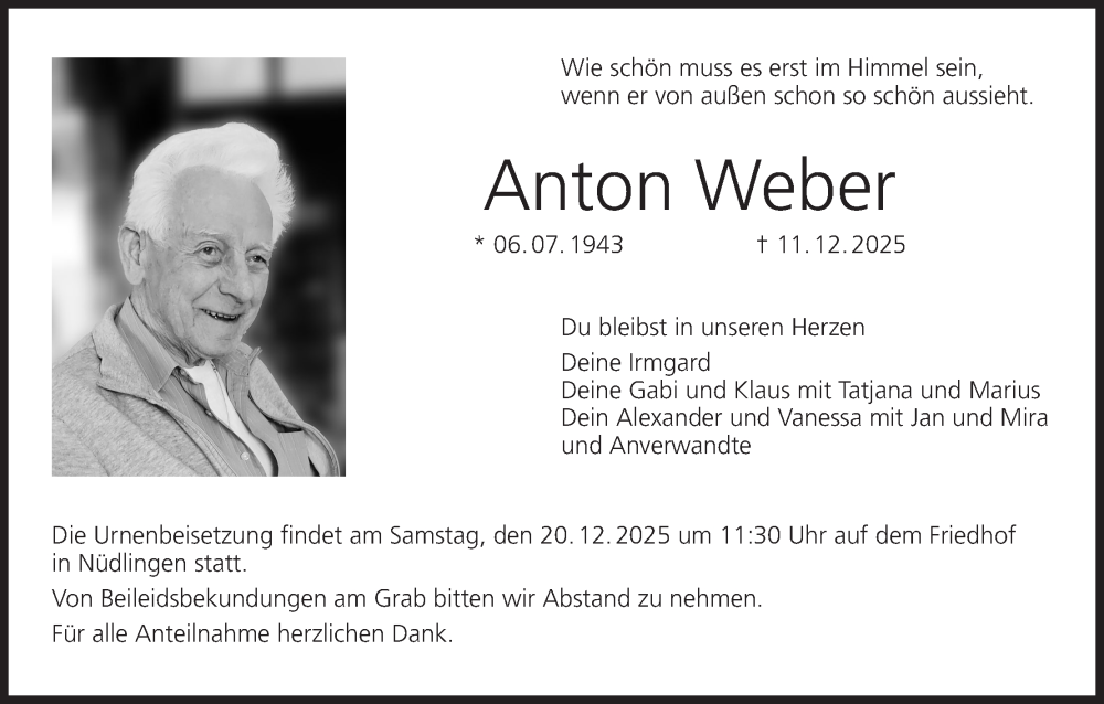  Traueranzeige für Anton Weber vom 17.12.2025 aus MGO