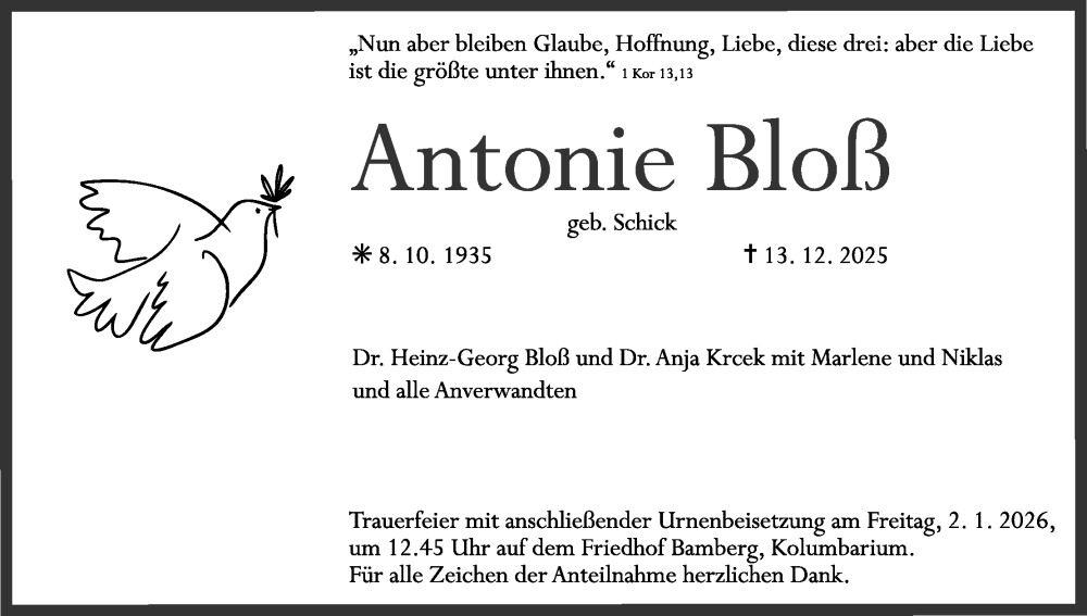  Traueranzeige für Antonie Bloß vom 27.12.2025 aus MGO
