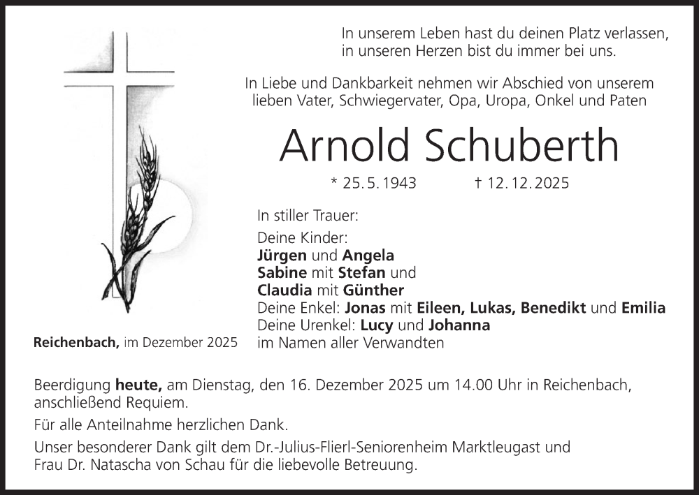  Traueranzeige für Arnold Schuberth vom 16.12.2025 aus MGO