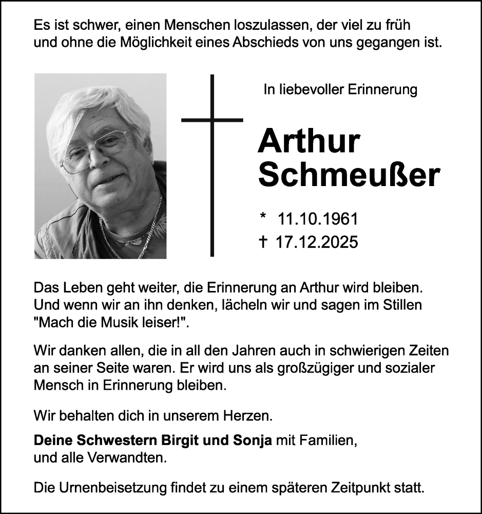  Traueranzeige für Arthur Schmeußer vom 20.12.2025 aus MGO