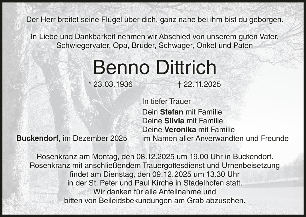  Traueranzeige für Benno Dittrich vom 06.12.2025 aus MGO