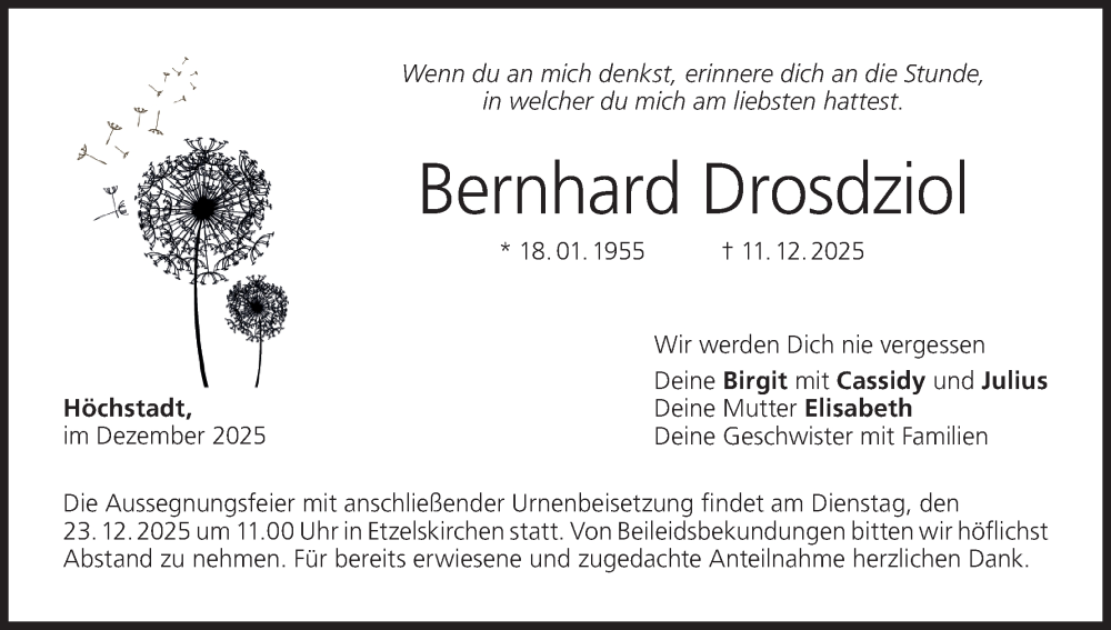  Traueranzeige für Bernhard Drosdziol vom 20.12.2025 aus MGO