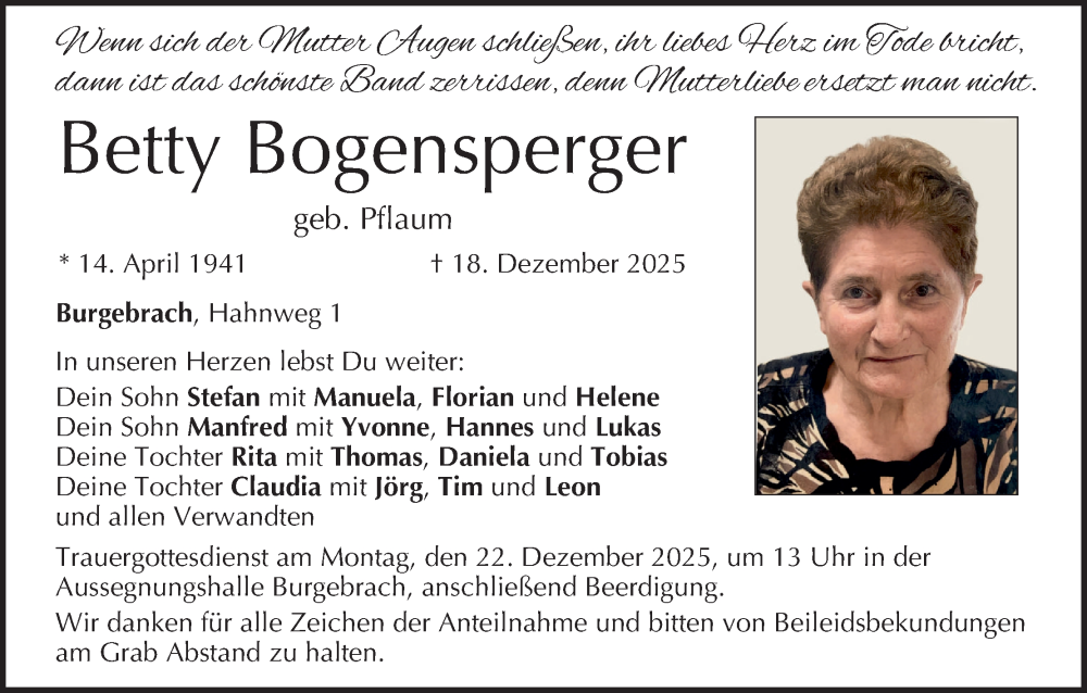  Traueranzeige für Betty Bogensperger vom 20.12.2025 aus MGO