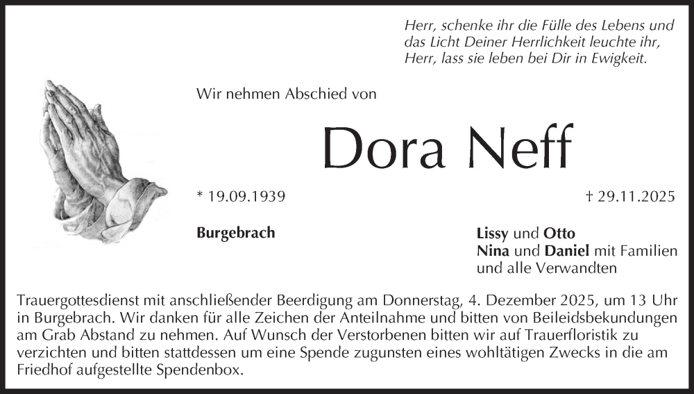  Traueranzeige für Dora Neff vom 02.12.2025 aus MGO