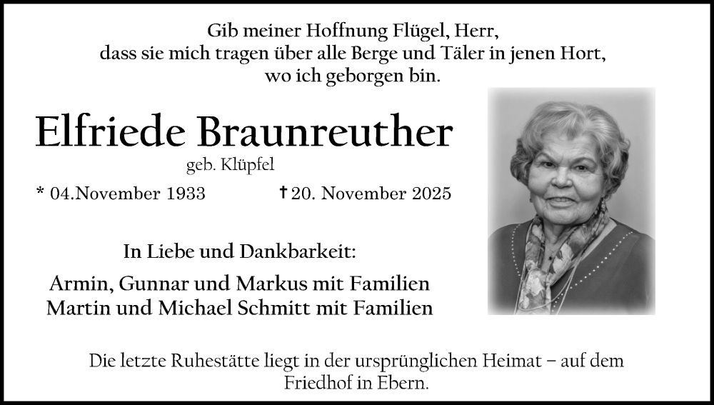  Traueranzeige für Elfriede Braunreuther vom 04.12.2025 aus MGO
