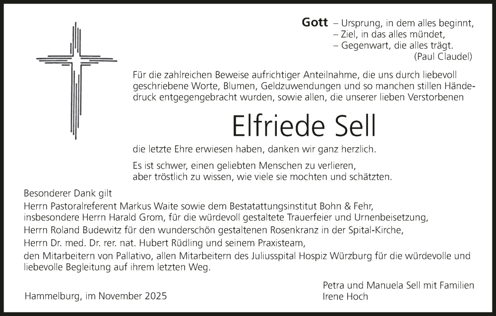  Traueranzeige für Elfriede Sell vom 06.12.2025 aus MGO