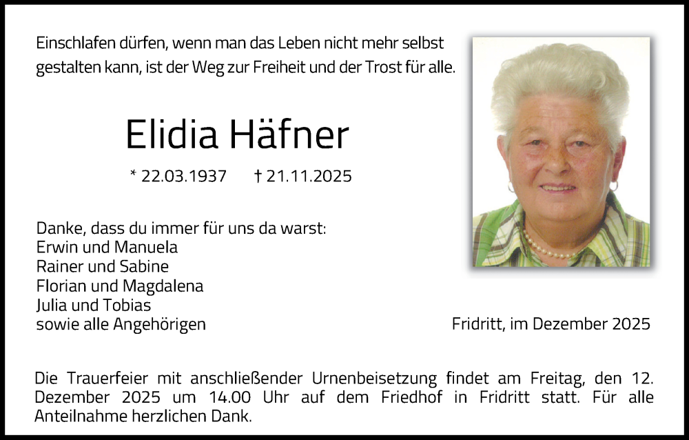  Traueranzeige für Elidia Häfner vom 06.12.2025 aus MGO