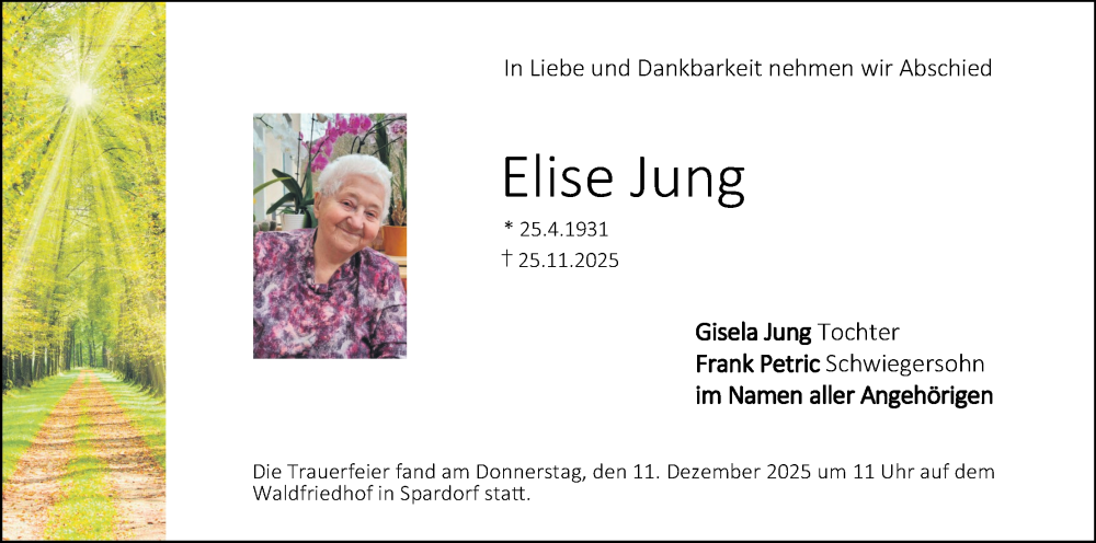  Traueranzeige für Elise Jung vom 13.12.2025 aus MGO