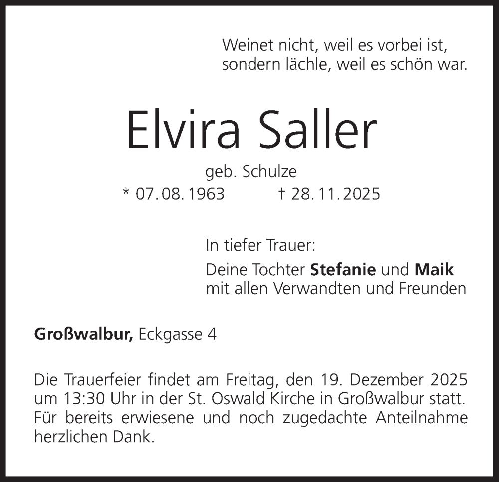  Traueranzeige für Elvira Saller vom 06.12.2025 aus MGO