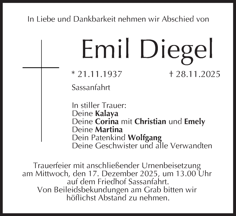  Traueranzeige für Emil Diegel vom 13.12.2025 aus MGO