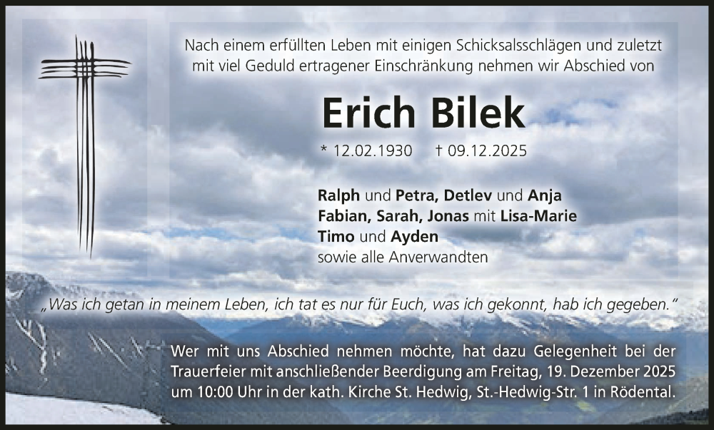  Traueranzeige für Erich Bilek vom 13.12.2025 aus MGO