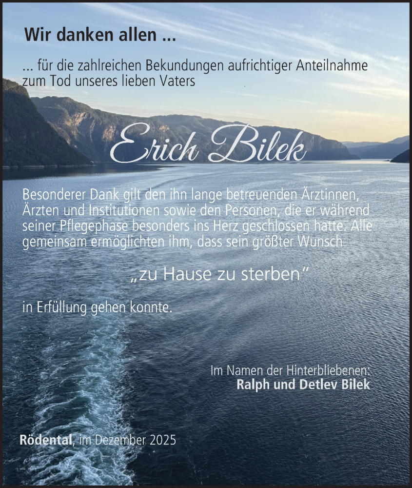  Traueranzeige für Erich Bilek vom 20.12.2025 aus MGO