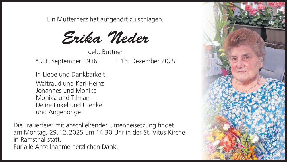  Traueranzeige für Erika Neder vom 27.12.2025 aus MGO