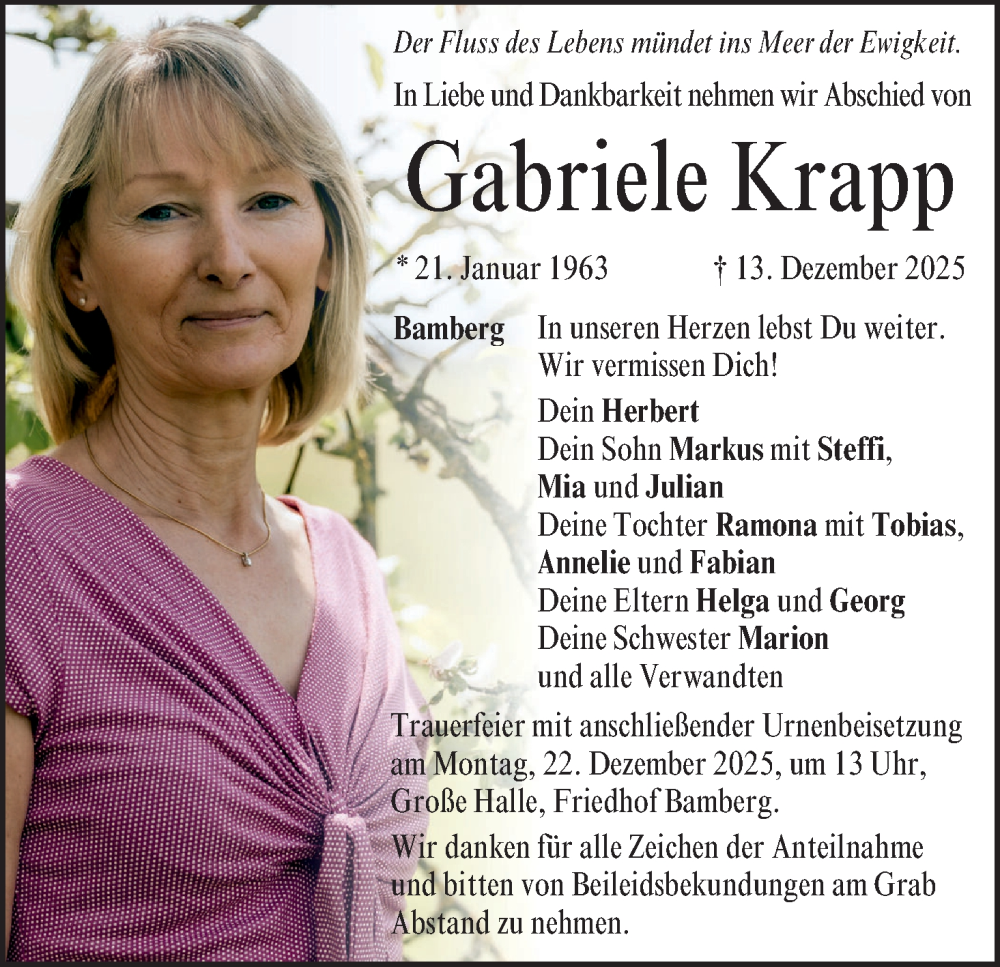  Traueranzeige für Gabriele Krapp vom 20.12.2025 aus MGO