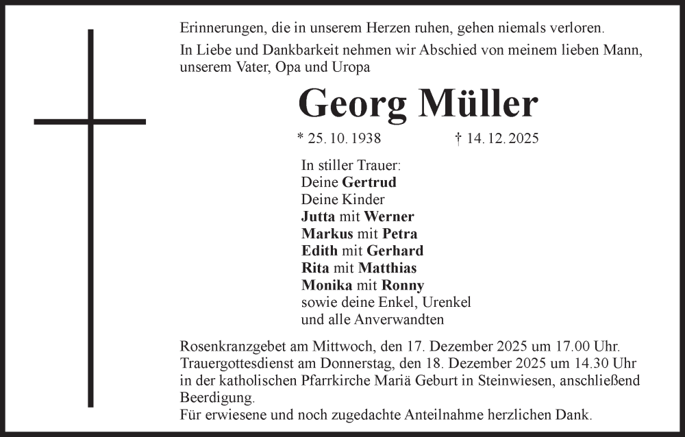  Traueranzeige für Georg Müller vom 16.12.2025 aus MGO