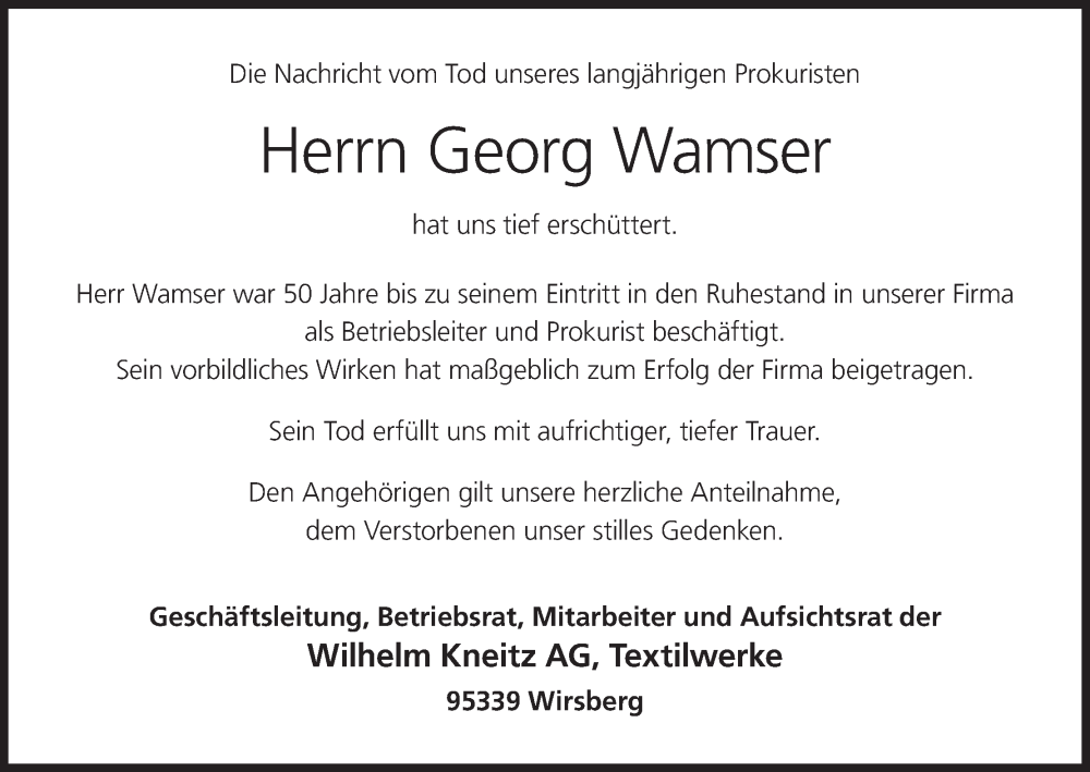  Traueranzeige für Georg Wamser vom 02.12.2025 aus MGO