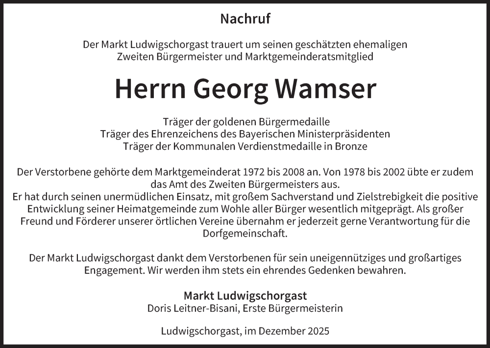  Traueranzeige für Georg Wamser vom 03.12.2025 aus MGO