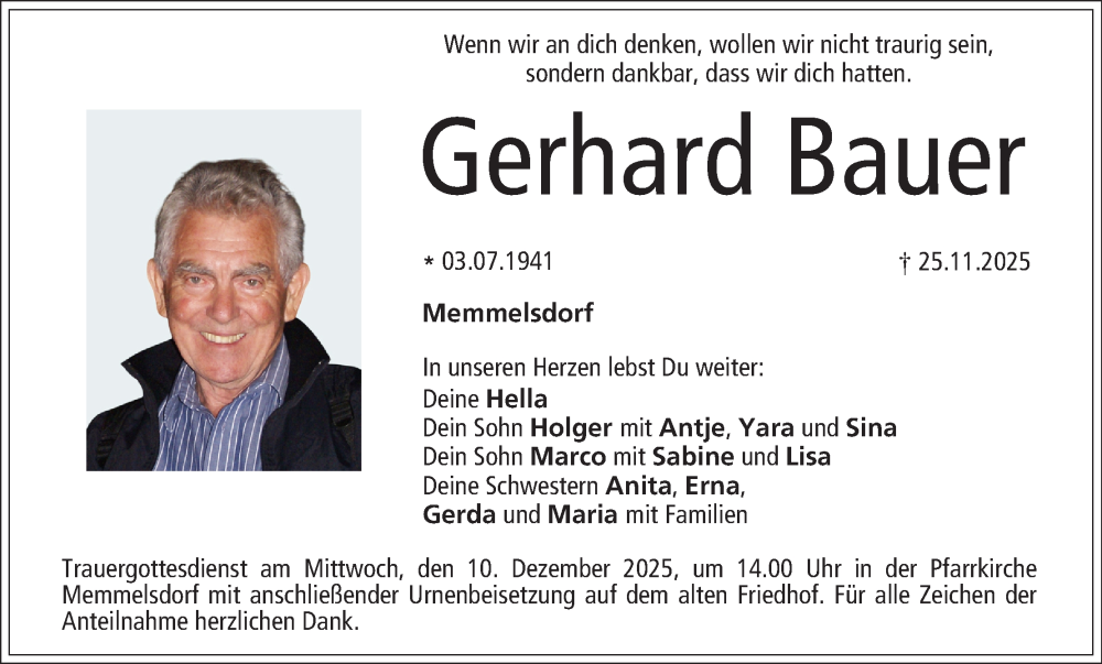  Traueranzeige für Gerhard Bauer vom 06.12.2025 aus MGO