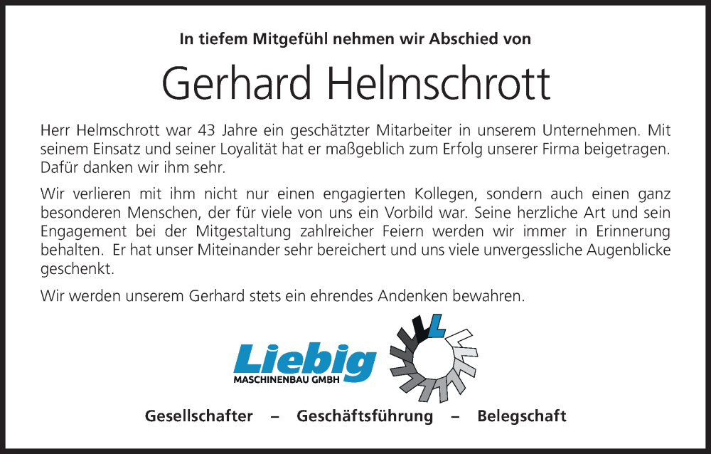  Traueranzeige für Gerhard Helmschrott vom 06.12.2025 aus MGO