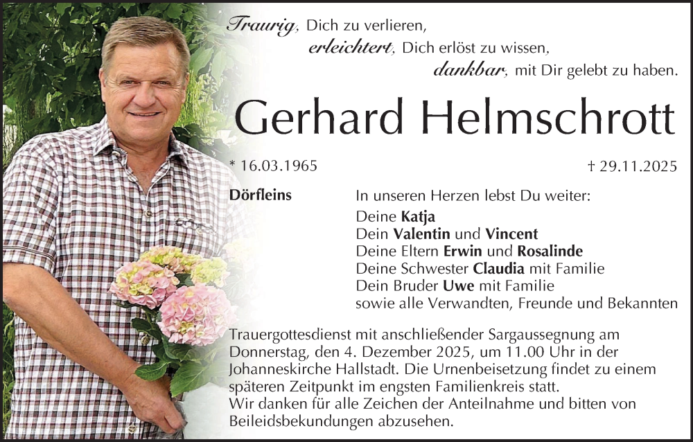  Traueranzeige für Gerhard Helmschrott vom 03.12.2025 aus MGO