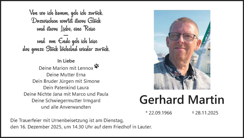  Traueranzeige für Gerhard Martin vom 06.12.2025 aus MGO